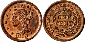 1853 Braided Hair Cent. N-24. Rarity-2. MS-64 RB (PCGS). CAC.

PCGS# 1902. NGC ID: 226K.

From the Collection of Dr. Frances W. Constable.