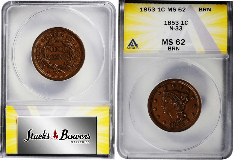 1853 Braided Hair Cent. N-33. Rarity-2. MS-62 BN (ANACS).

PCGS# 406059. NGC I...