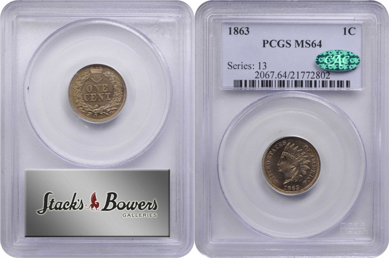 1863 Indian Cent. MS-64 (PCGS). CAC.

PCGS# 2067. NGC ID: 227J.

From the Bi...