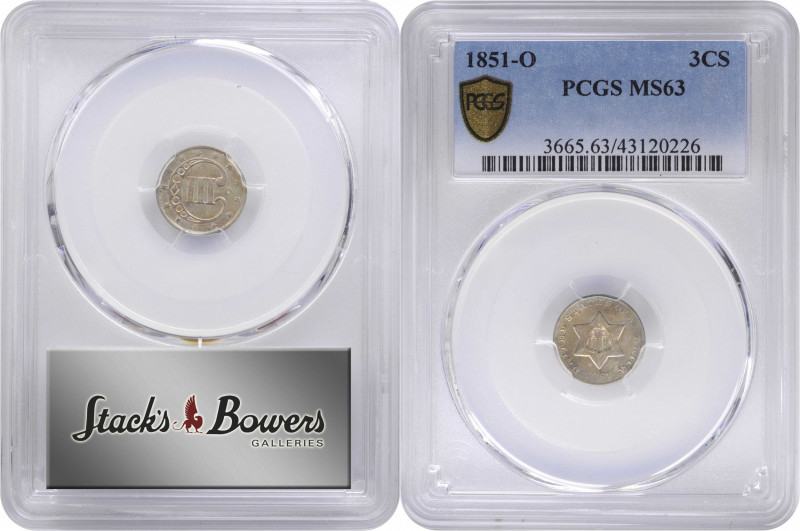 1851-O Silver Three-Cent Piece. MS-63 (PCGS).

PCGS# 3665. NGC ID: 22YY.