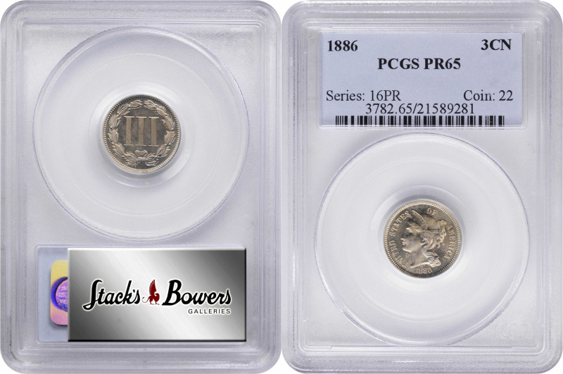 1886 Nickel Three-Cent Piece. Proof-65 (PCGS).

PCGS# 3782. NGC ID: 2768.

F...