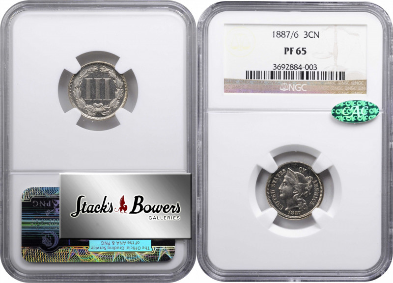 1887/6 Nickel Three-Cent Piece. FS-302. Strong Overdate. Proof-65 (NGC). CAC.
...