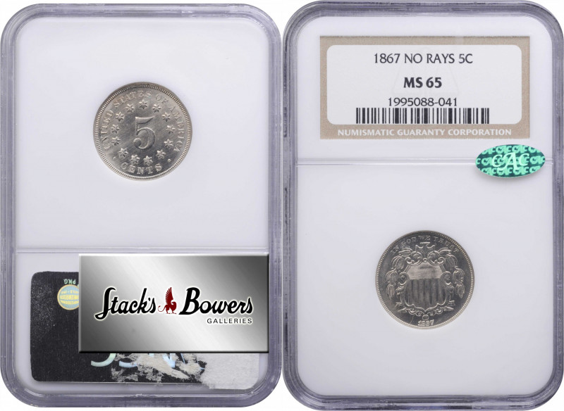 1867 Shield Nickel. No Rays. MS-65 (NGC). CAC.

PCGS# 3794. NGC ID: 22NZ.

F...