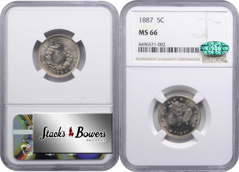 1887 Liberty Head Nickel. MS-66 (NGC). CAC.

PCGS# 3848. NGC ID: 22PL.

From...