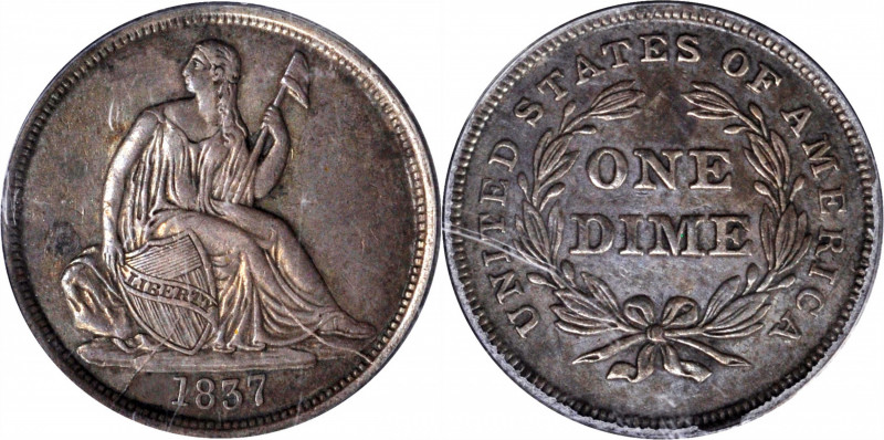 1837 Liberty Seated Dime. No Stars. Fortin-101b. Rarity-2. Large Date. EF-45 (PC...