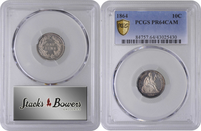 1864 Liberty Seated Dime. Proof-64 Cameo (PCGS).

PCGS# 84757. NGC ID: 23CM.