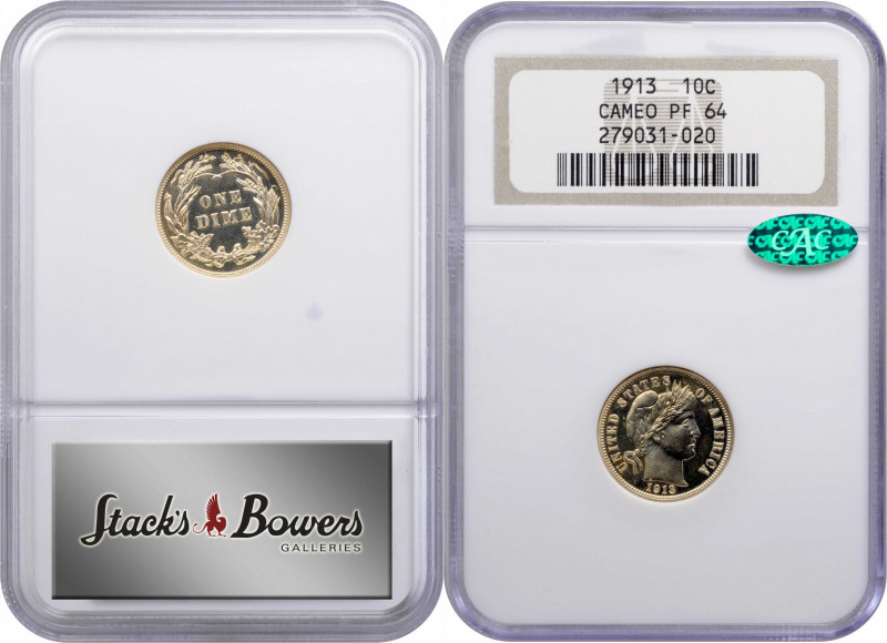 1913 Barber Dime. Proof-64 Cameo (NGC). CAC.

PCGS# 84897. NGC ID: 23GU.

Fr...