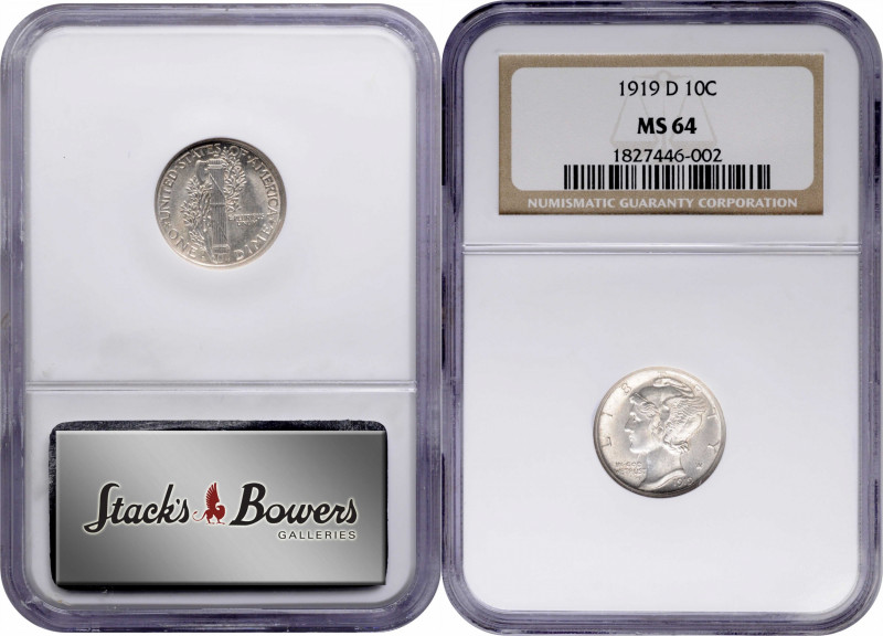 1919-D Mercury Dime. MS-64 (NGC).

PCGS# 4924. NGC ID: 23H9.

From the Birdw...