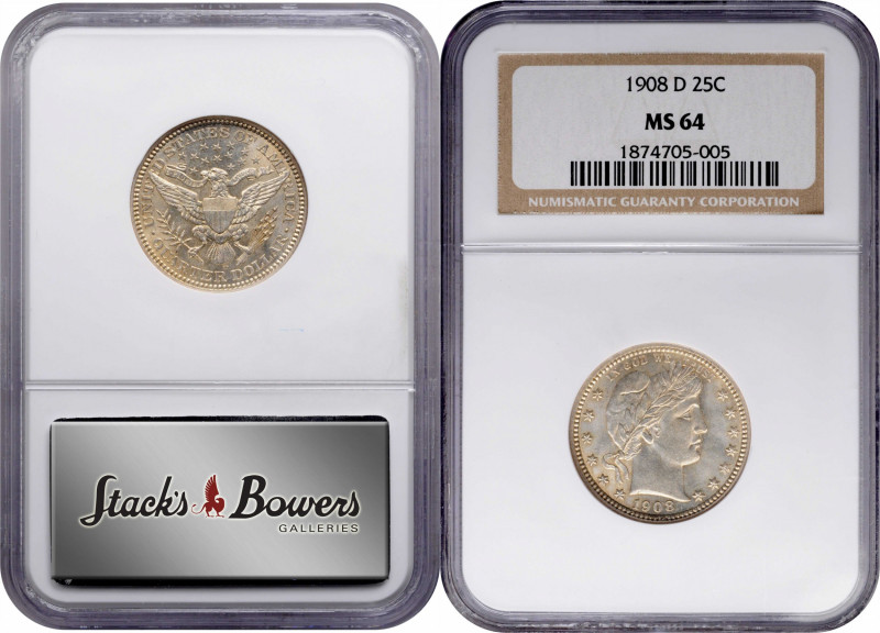 1908-D Barber Quarter. MS-64 (NGC).

PCGS# 5650. NGC ID: 23ZD.

From the Bir...