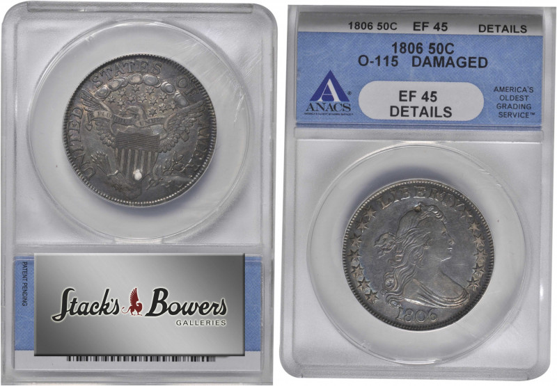 1806 Draped Bust Half Dollar. O-115, T-17. Rarity-1. Pointed 6, Stem Through Cla...