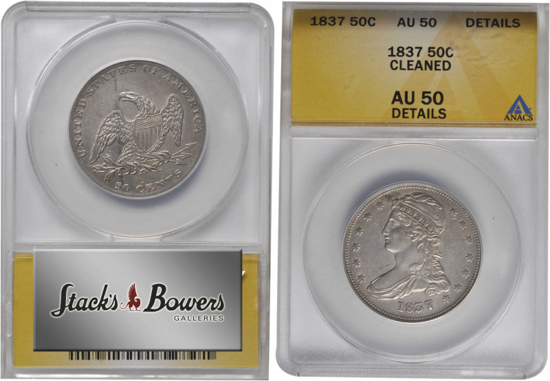 1837 Capped Bust Half Dollar. Reeded Edge. 50 CENTS. GR-13. Rarity-1. AU-50 Deta...