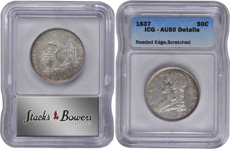 1837 Capped Bust Half Dollar. Reeded Edge. 50 CENTS. GR-18. Rarity-1. AU-50 Deta...