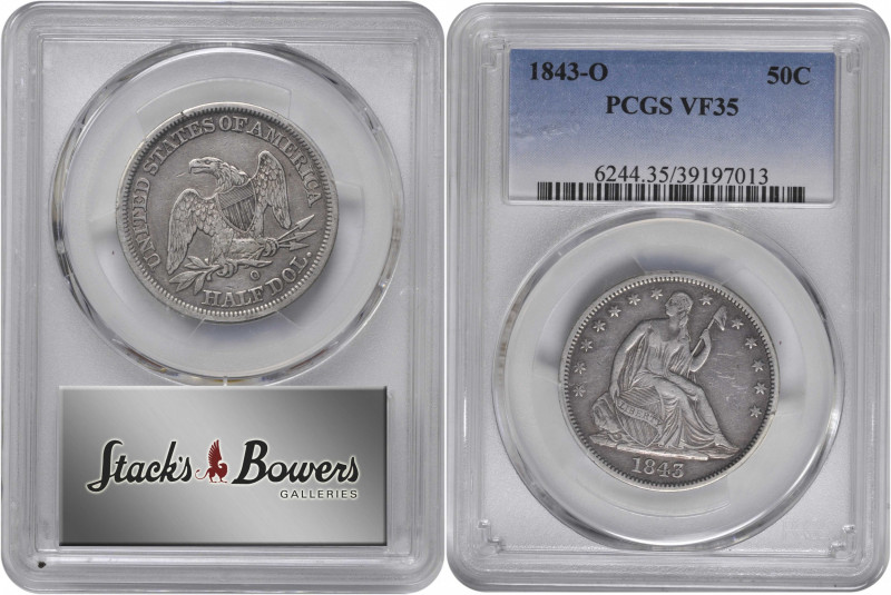 1843-O Liberty Seated Half Dollar. WB-5. Rarity-3. Repunched Date. VF-35 (PCGS)....