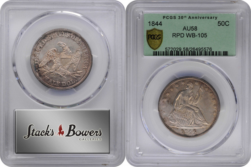 1844 Liberty Seated Half Dollar. WB-2, WB-105. Rarity-3. Repunched Date, Misplac...