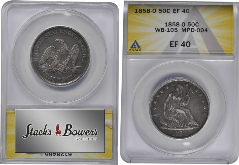 1858-O Liberty Seated Half Dollar. WB-19. Rarity-3. Misplaced Date. EF-40 (ANACS...