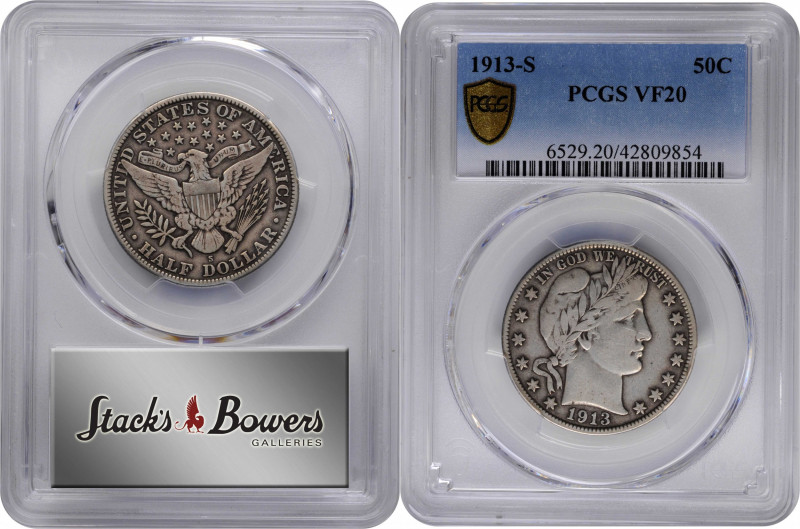 1913-S Barber Half Dollar. VF-20 (PCGS).

PCGS# 6529. NGC ID: 24NM.

From th...