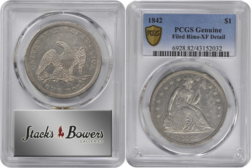 1842 Liberty Seated Silver Dollar. OC-4. Rarity-1. EF Details--Filed Rims (PCGS)...