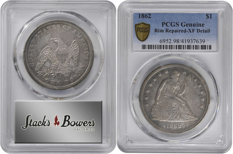 1862 Liberty Seated Silver Dollar. OC-1. Rarity-3. EF Details--Rim Repaired (PCG...