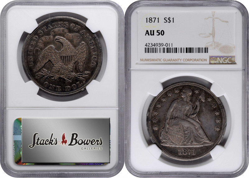 1871 Liberty Seated Silver Dollar. OC-5. Rarity-2. Repunched Date. AU-50 (NGC)....