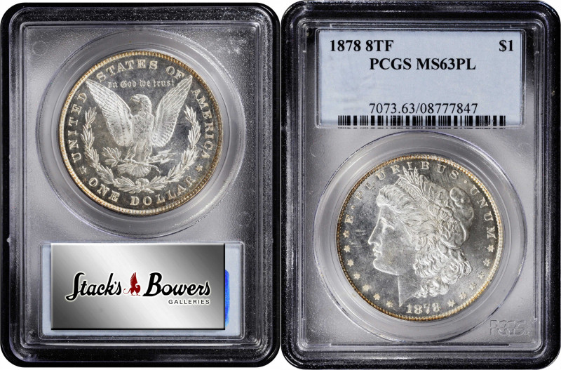 1878 Morgan Silver Dollar. 8 Tailfeathers. MS-63 PL (PCGS).

PCGS# 7073. NGC I...