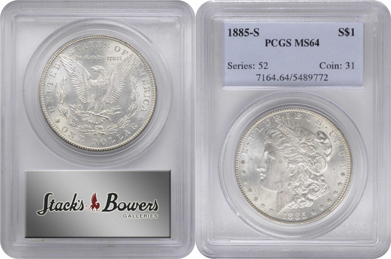 1885-S Morgan Silver Dollar. MS-64 (PCGS).

PCGS# 7164. NGC ID: 254U.

From ...