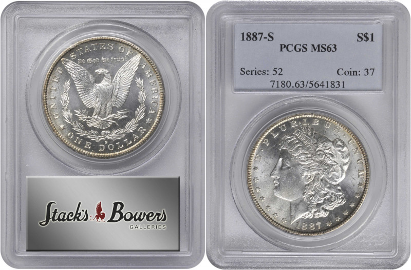 1887-S Morgan Silver Dollar. MS-63 (PCGS).

PCGS# 7180. NGC ID: 2554.