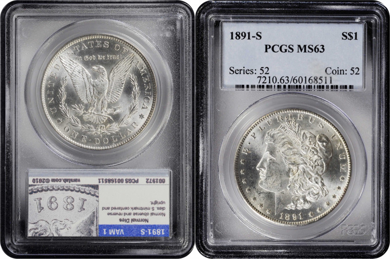 1891-S Morgan Silver Dollar. MS-63 (PCGS).

PCGS# 7210. NGC ID: 255K.