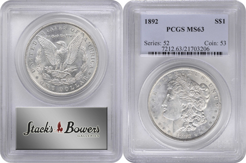 1892 Morgan Silver Dollar. MS-63 (PCGS).

PCGS# 7212. NGC ID: 255L.

From th...