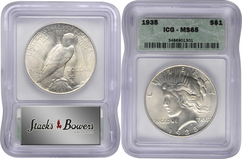 1935 Peace Silver Dollar. MS-65 (ICG).

PCGS# 7378. NGC ID: 2582.