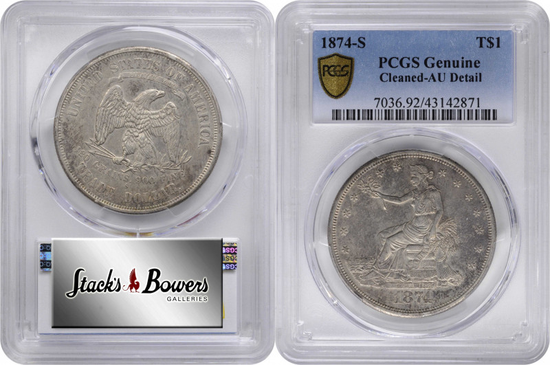 1874-S Trade Dollar. AU Details--Cleaned (PCGS).

PCGS# 7036. NGC ID: 2533.