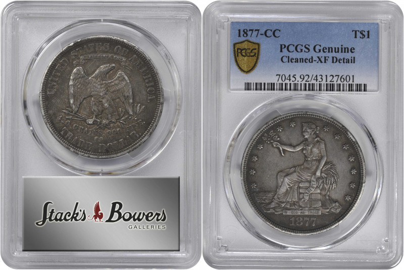 1877-CC Trade Dollar. EF Details--Cleaned (PCGS).

PCGS# 7045. NGC ID: 253D.