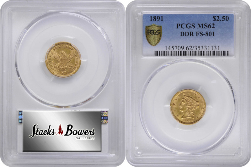 1891 Liberty Head Quarter Eagle. FS-801. Doubled Die Reverse. MS-62 (PCGS).

P...