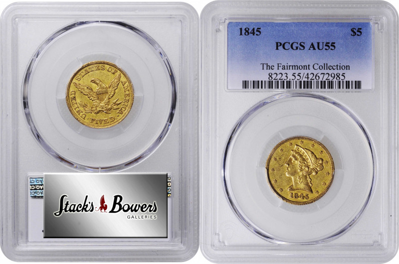 1845 Liberty Head Half Eagle. AU-55 (PCGS).

PCGS# 8223. NGC ID: 25TB.

From...