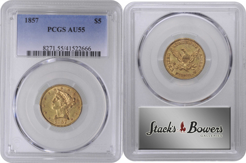 1857 Liberty Head Half Eagle. AU-55 (PCGS).

PCGS# 8271. NGC ID: 25V2.