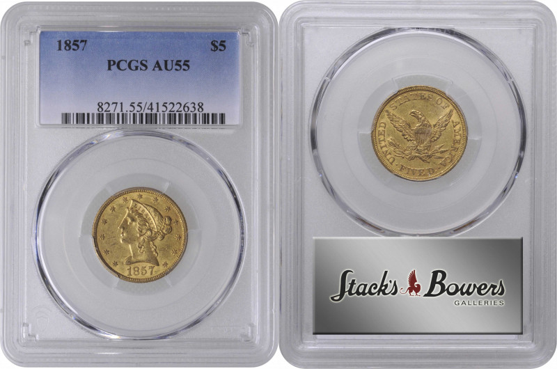 1857 Liberty Head Half Eagle. AU-55 (PCGS).

PCGS# 8271. NGC ID: 25V2.