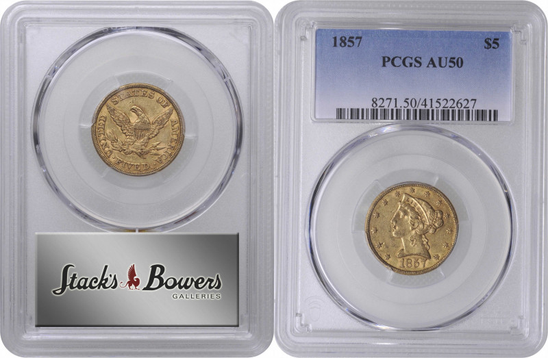 1857 Liberty Head Half Eagle. AU-50 (PCGS).

PCGS# 8271. NGC ID: 25V2.