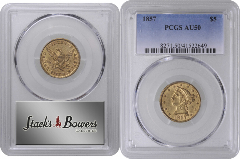 1857 Liberty Head Half Eagle. AU-50 (PCGS).

PCGS# 8271. NGC ID: 25V2.