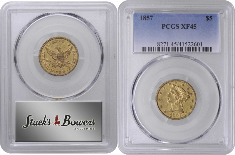 1857 Liberty Head Half Eagle. EF-45 (PCGS).

PCGS# 8271. NGC ID: 25V2.