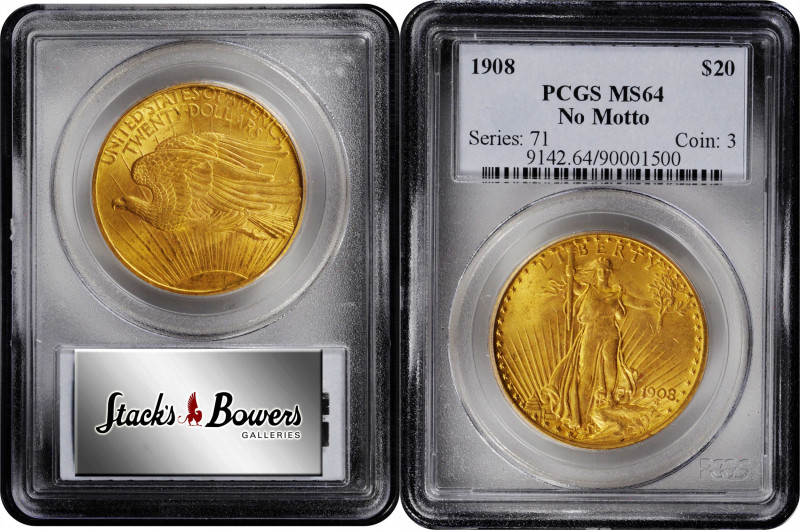 1908 Saint-Gaudens Double Eagle. No Motto. MS-64 (PCGS).

PCGS# 9142. NGC ID: ...