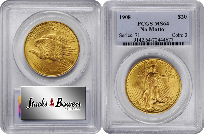 1908 Saint-Gaudens Double Eagle. No Motto. MS-64 (PCGS).

PCGS# 9142. NGC ID: ...