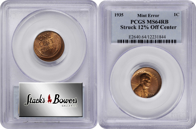 1935 Lincoln Cent--Struck 12% Off Center--MS-64 RB (PCGS).