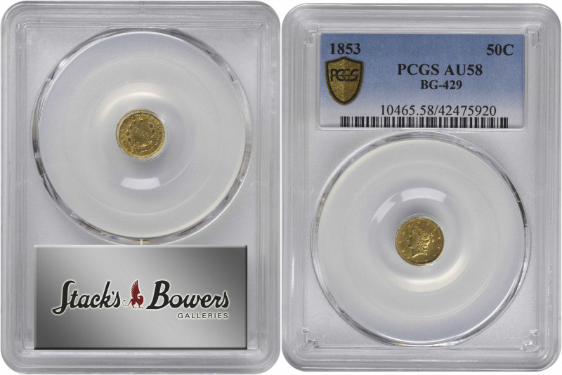 1853 Round 50 Cents. BG-429. Rarity-4-. Liberty Head. AU-58 (PCGS).

PCGS# 104...