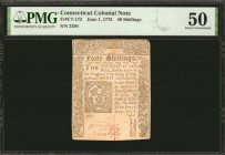 CT-173. Connecticut. June 1, 1773. 40 Shillings. PMG About Uncirculated 50.

No. 2304. Signed by Williams, Pitkin, and Wyllys. Slash cancel. Accordi...