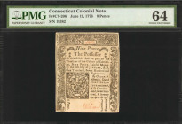 CT-206. Connecticut. June 19, 1776. 9 Pence. PMG Choice Uncirculated 64.

No. 18382. Signed by Williams in red ink. Inexplicably not given the EPQ d...