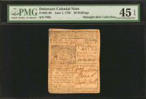 DE-68. Delaware. June 1, 1759. 20 Shillings. PMG Choice Extremely Fine 45 EPQ.

No. 7892. Fully original paper is found on this mid-grade 20 Shillin...