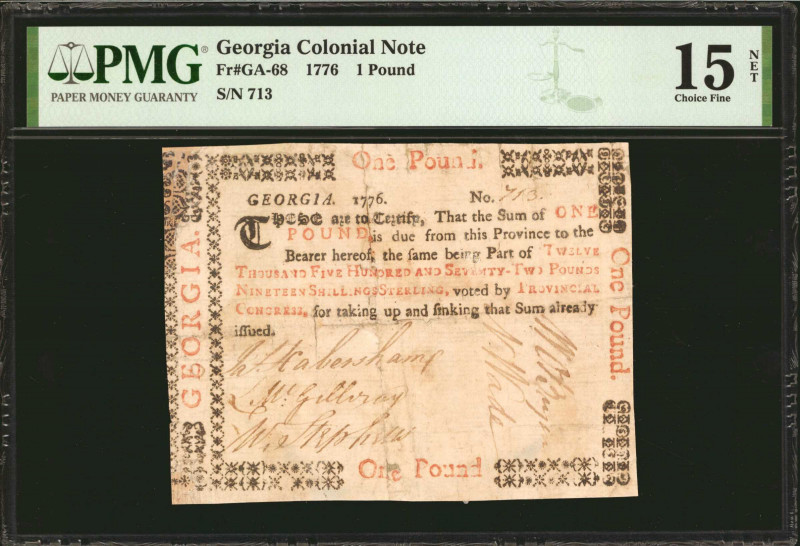 GA-68. Georgia. 1776. 1 Pound. PMG Choice Fine 15 Net. Repaired, Pieces Added.
...