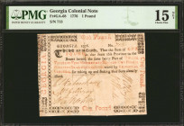 GA-68. Georgia. 1776. 1 Pound. PMG Choice Fine 15 Net. Repaired, Pieces Added.

No. 713. Signatures of Habersham, McGillivray, Stephens, Wade, and O...