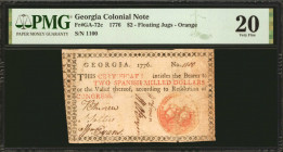 GA-72c. Georgia. 1776. $2. PMG Very Fine 20.

Binary serial number 1100. Five signatures of Andrew, Saltus, Evans, O'Bryen, and Ewen. Orange seal. F...