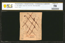 MA-209CF. Massachusetts. June 18, 1776. 24 Shillings. PCGS Banknote Choice About Uncirculated 58. Contemporary Counterfeit.

No. 6147. False signatu...
