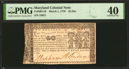 Lot of (2) MD-56 & MD-59. Maryland. March 1, 1770. $2 (9s) & $8. PMG Extremely Fine 40 & PCGS Banknote Choice Extremely Fine 45 PPQ.

Both notes sig...
